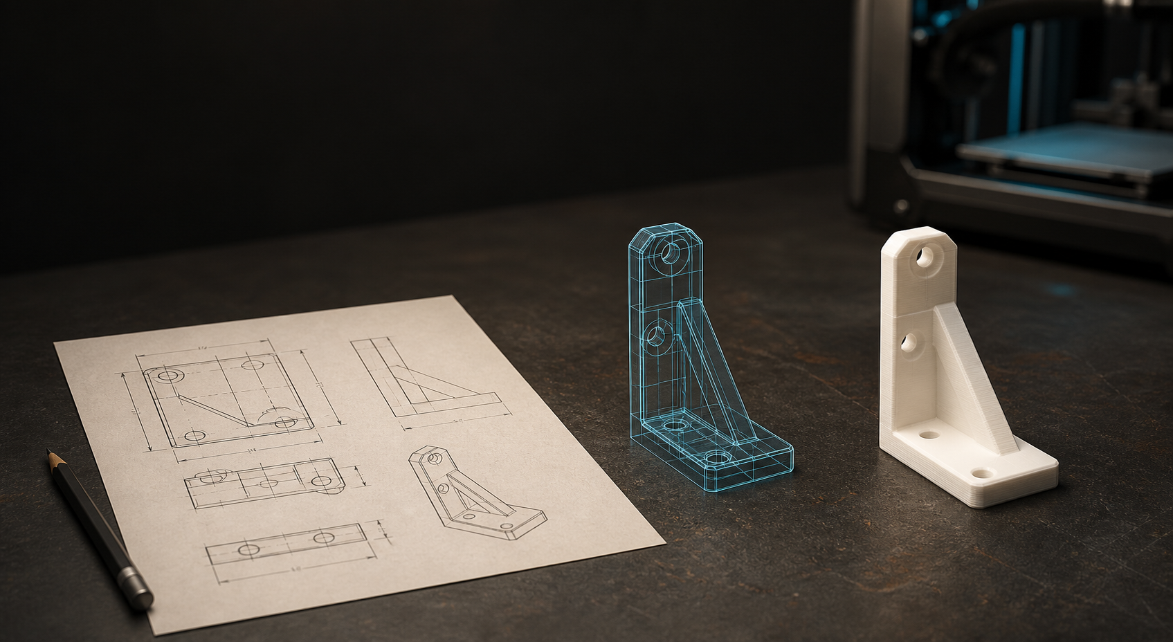 KI-generierte Produktvisualisierung: Technische Skizze, CAD-Drahtmodell und gedruckter Winkelhalter