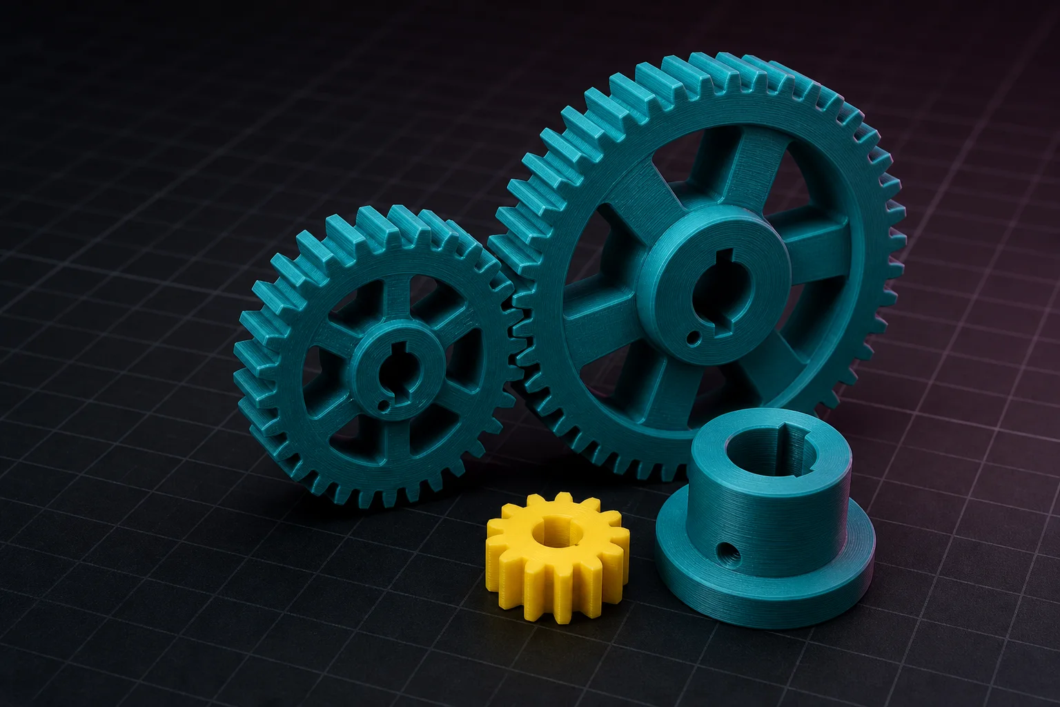 KI-generierte Produktvisualisierung: Mehrere präzise 3D-gedruckte Stirnräder mit Nabe, Passfedernut und Madenschraubenbohrung