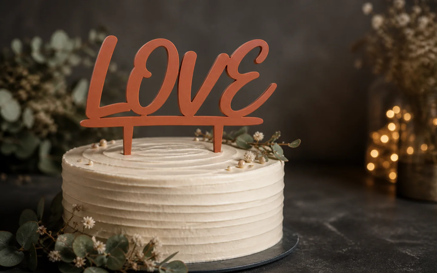 Individueller 3D-Cake-Topper mit dem Schriftzug Love auf einer Torte