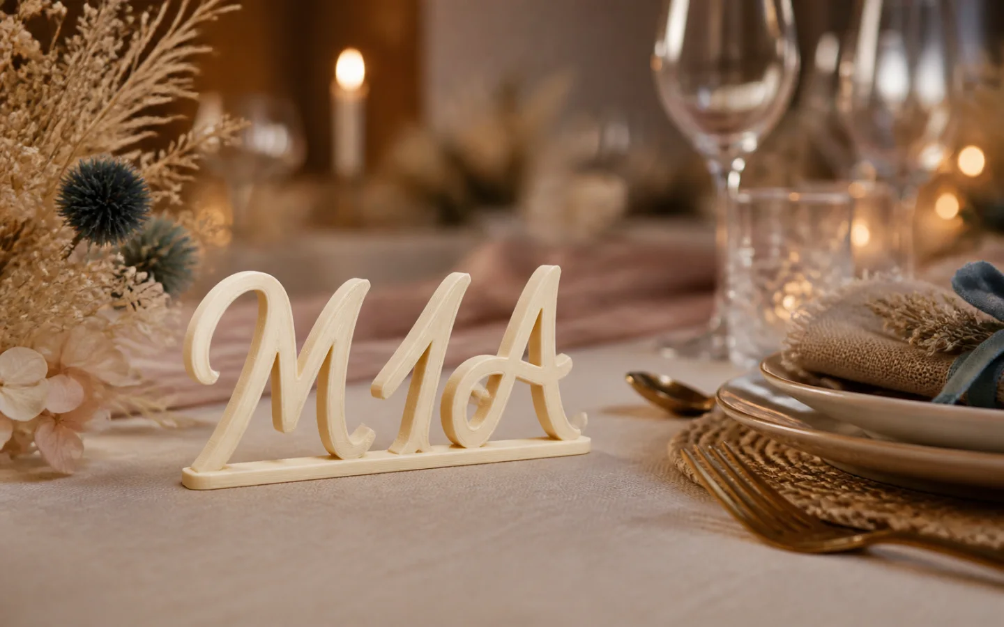 Personalisierte 3D-Platzkarte mit dem Namen Mia auf einer festlich gedeckten Tafel