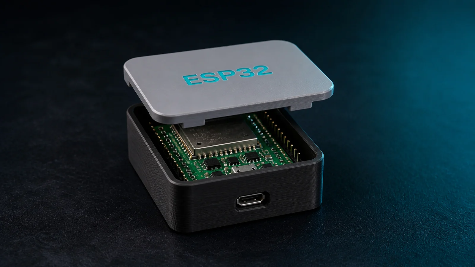 KI-generierte Produktvisualisierung: Schwarzes ESP32-DevKitC-V4-Gehäuse mit angehobenem grauem Deckel