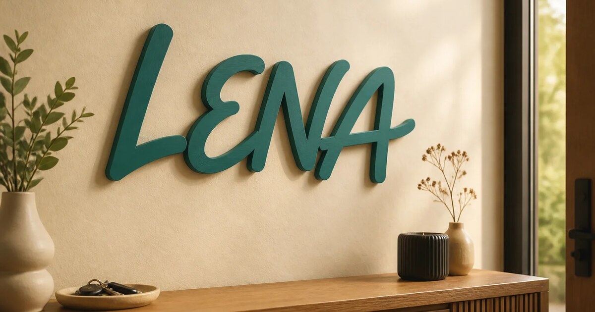 KI-generierte Produktvisualisierung: Personalisierter grüner 3D-Wandschriftzug LENA in einem hellen Wohnraum