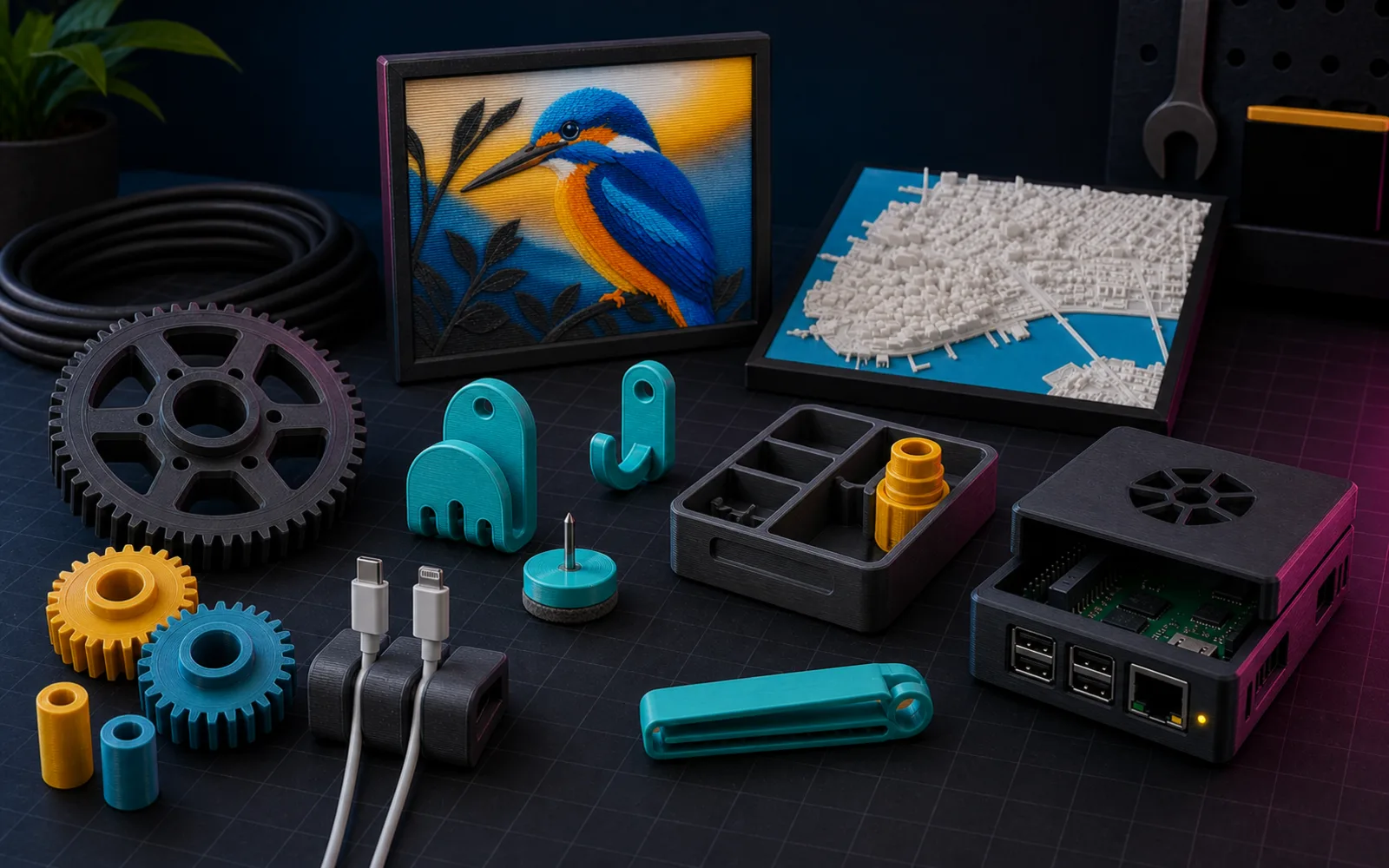 3D-gedruckte Produktwelten: Reliefbild, Stadtkarte, Haushaltshelfer, Zahnräder und Elektronikgehäuse