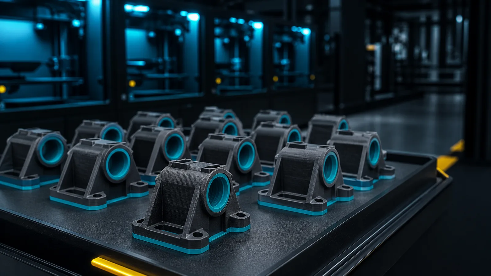 KI-generierte Produktvisualisierung: identische 3D-gedruckte Funktionsbauteile als Kleinserie in einer Druckfarm