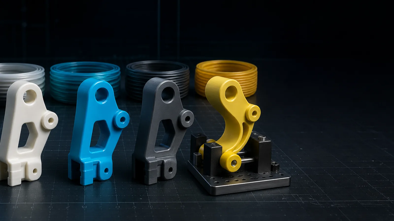 KI-generierte Produktvisualisierung: identische 3D-Druck-Bauteile aus vier Materialien mit unterschiedlichen Oberflächen und Flexibilität