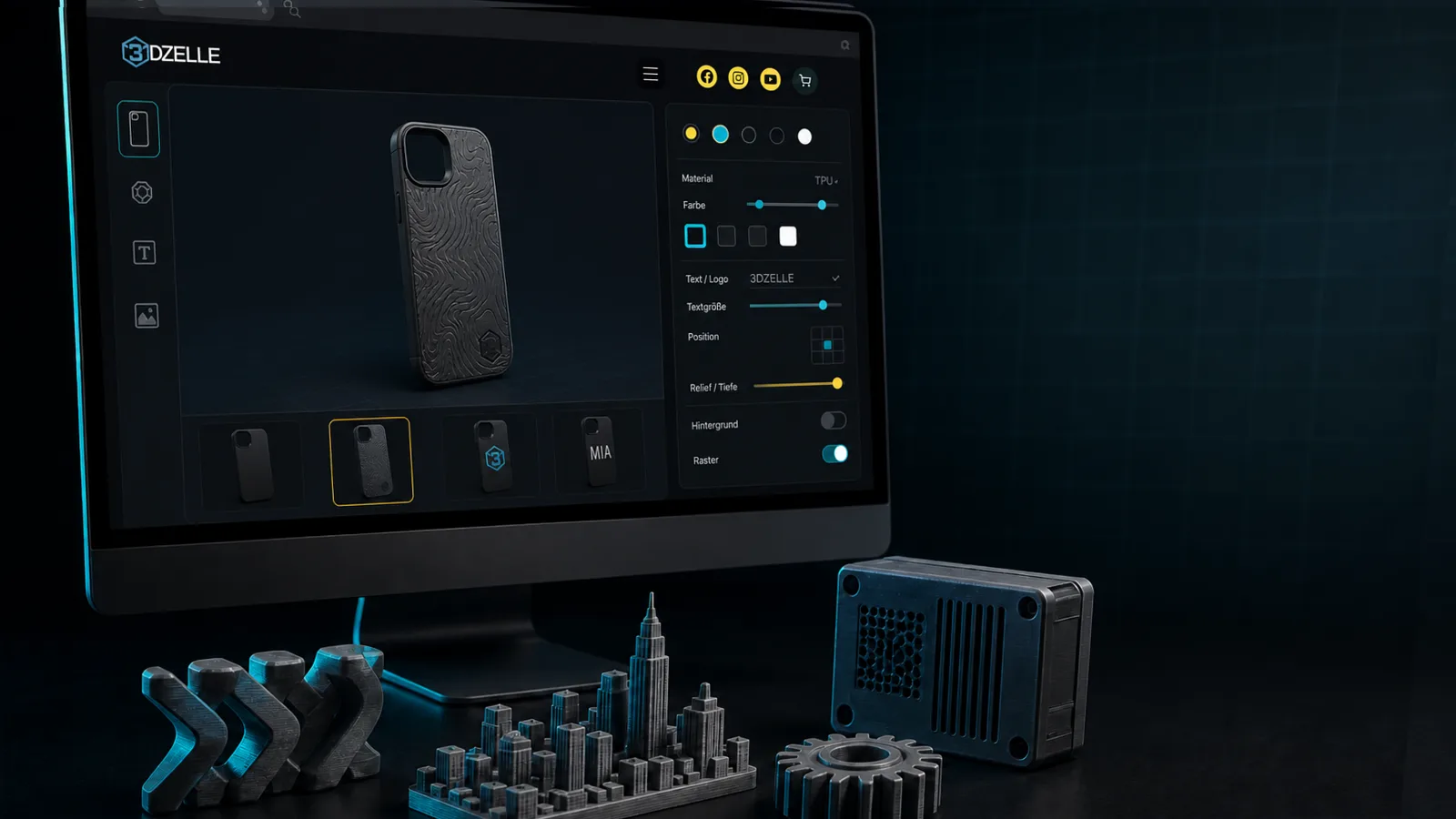 KI-generierte Produktvisualisierung: 3DZelle Smartphonehüllen-Generator auf einem Desktopmonitor neben 3D-gedruckten Modellen