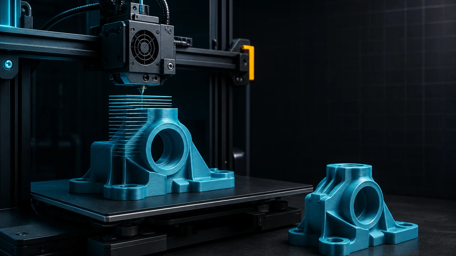 KI-generierte Produktvisualisierung: FDM-Drucker baut ein technisches Bauteil Schicht für Schicht auf