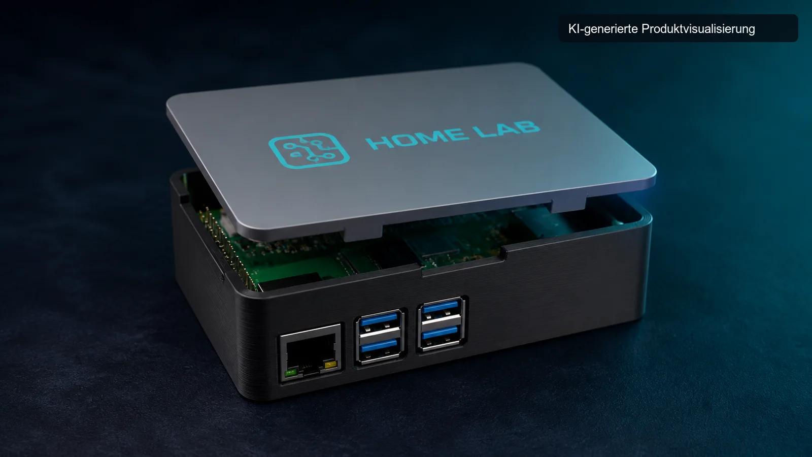 KI-generierte Produktvisualisierung eines personalisierten Raspberry Pi 5 Gehäuses mit abnehmbarem Rastdeckel, sichtbarer Platine und bündigem HOME-LAB-Motiv