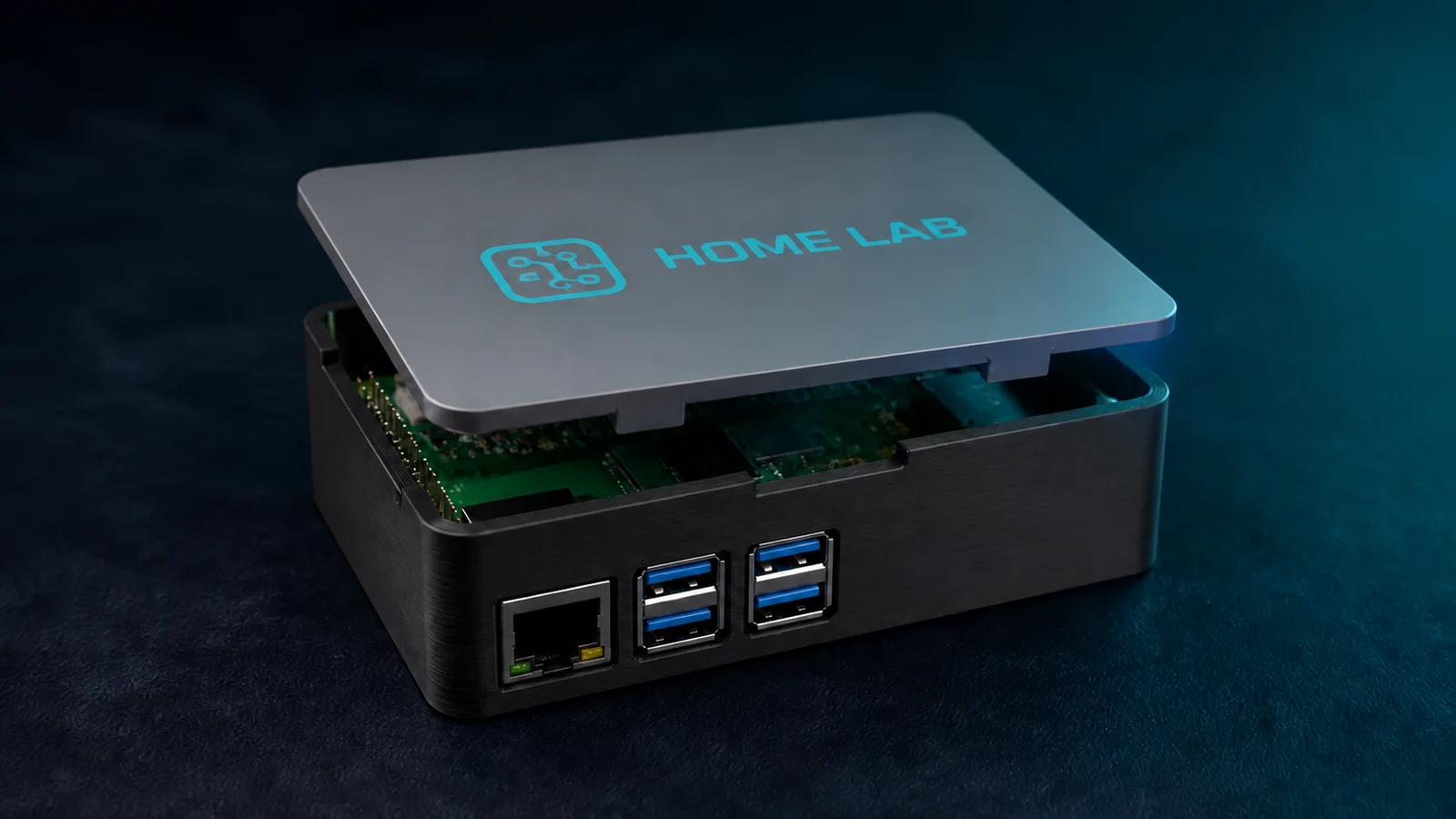 KI-generierte Produktvisualisierung eines personalisierten Raspberry-Pi-Gehäuses mit schwarzem Boden, grauem Rastdeckel und türkisem HOME-LAB-Motiv